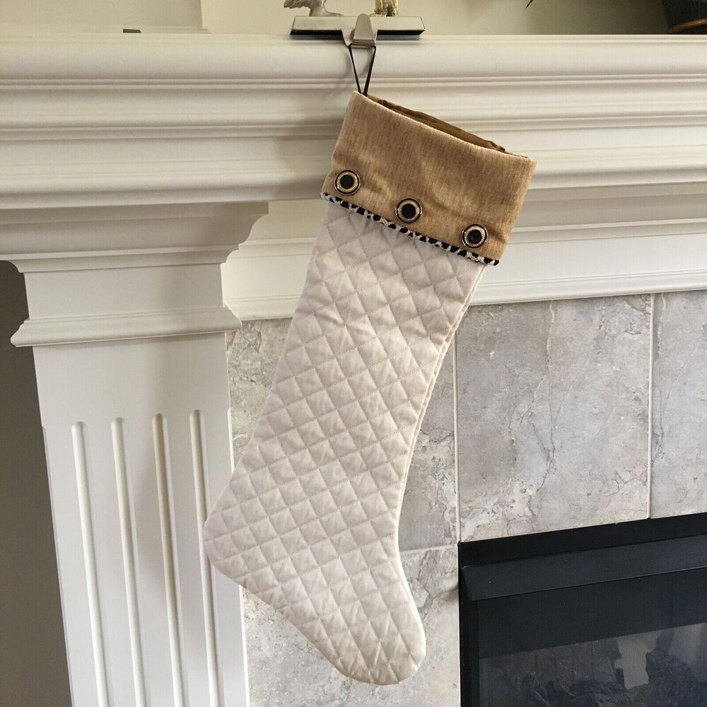 2010 Woof & Poof Ivory Tan White Black Quilted Christmas Stocking 3 Button Cuff